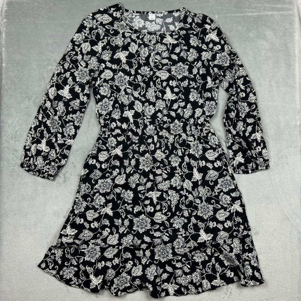 Old Navy Womens Black White Floral Long Sleeve Dress Size Medium Classic Cottage